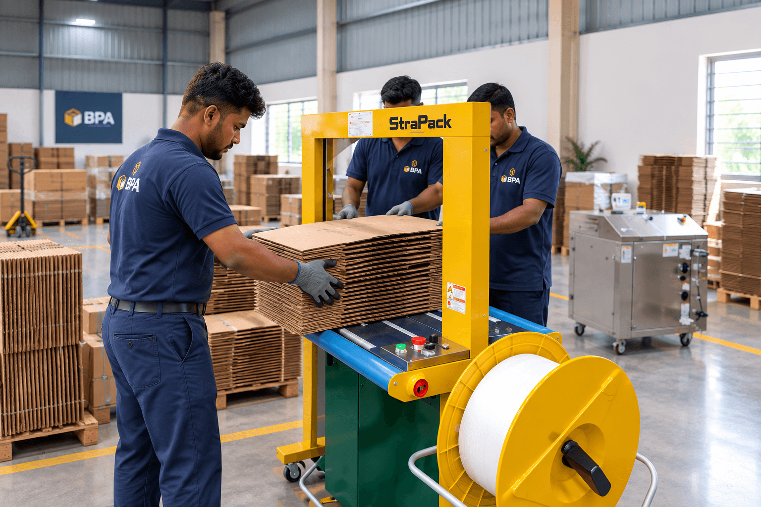 BPA workshop floor with strapping and carton sealing machinery