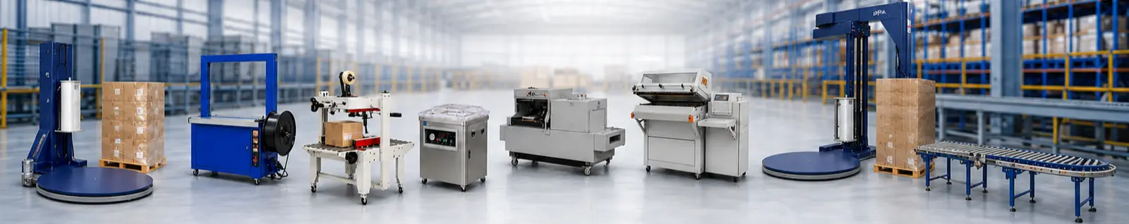 The Bangalore Packaging Automation range — stretch wrappers, strapping machines, carton sealers, vacuum sealers, shrink tunnels and conveyors